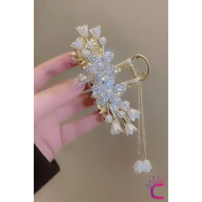 Sallantılı Sedef Çiçekli İncili Taşlı Gold Metal Kadın Mandal Toka 11cm - Mandallı Saç Topuz Tokası