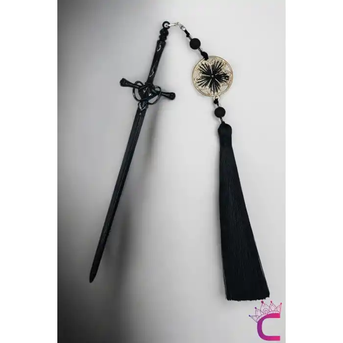Sallantılı Siyah Püsküllü Kılıç Tasarım Metal Saç Topuz Tokası 20cm - Boho Gotik Çubuk Topuz Toka