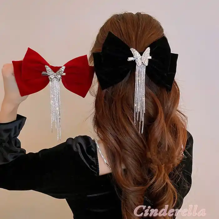 Sallantılı Yapay Elmaslı Kelebekli Kadın Siyah Kadife Fiyonk Toka - Fiyonklu Klips Pens Saç Tokası