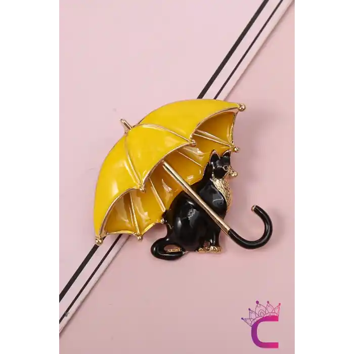 Sarı Şemsiyeli Siyah Kedi Tasarım Broş - Kedili Hediyelik Elbise Ceket Yaka İğnesi Broşu