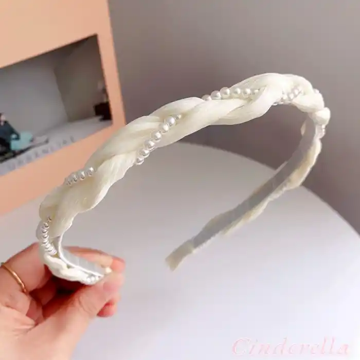 Sarmaşık İnci Tasarım Yumuşak Kadın Tacı Krem - İncili Hafif Esnek Taç Saç Bandı