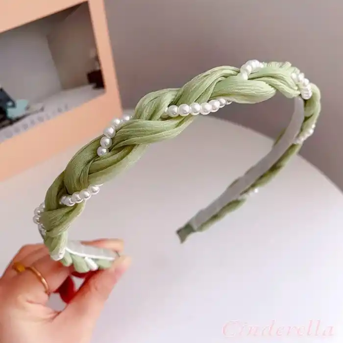 Sarmaşık İnci Tasarım Yumuşak Kadın Tacı Yeşil - İncili Hafif Esnek Taç Saç Bandı