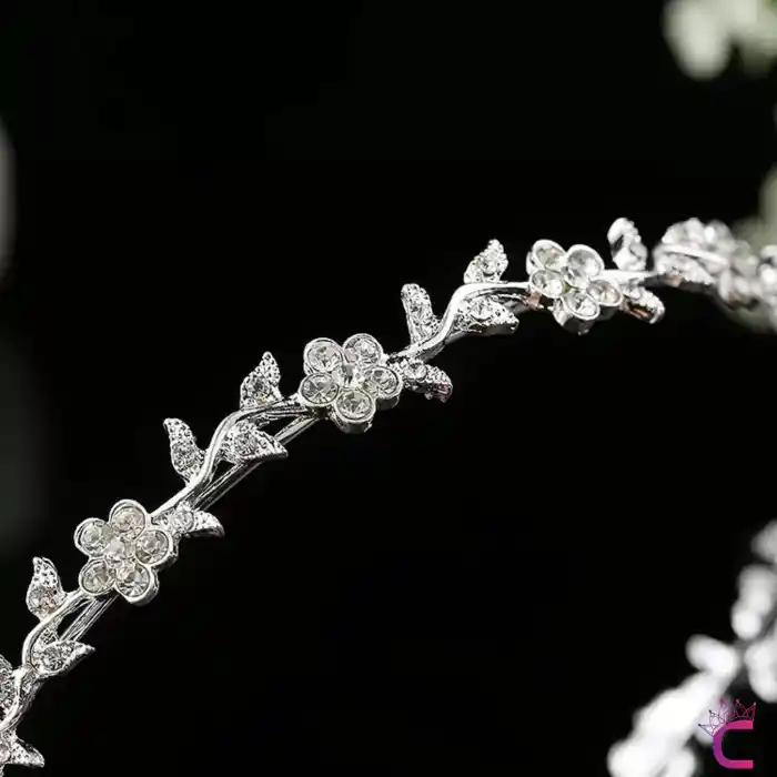 Sarmaşık Yapraklı Çiçekli Zirkon Taşlı Gelin Tacı Gümüş - Düğün Nişan Söz Doğum Günü Taç Saç Bandı