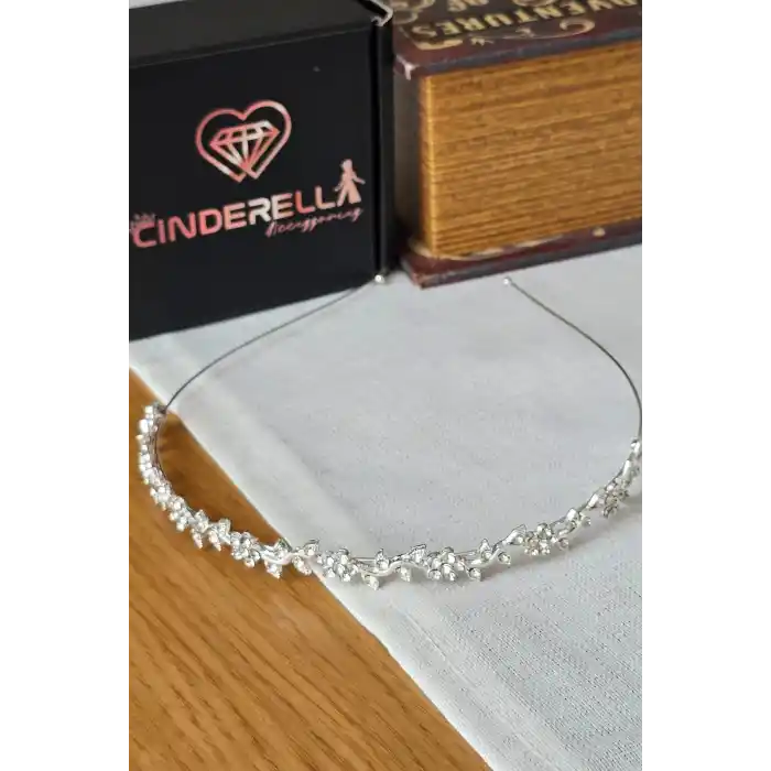 Sarmaşık Yapraklı Çiçekli Zirkon Taşlı Gelin Tacı Gümüş - Düğün Nişan Söz Doğum Günü Taç Saç Bandı