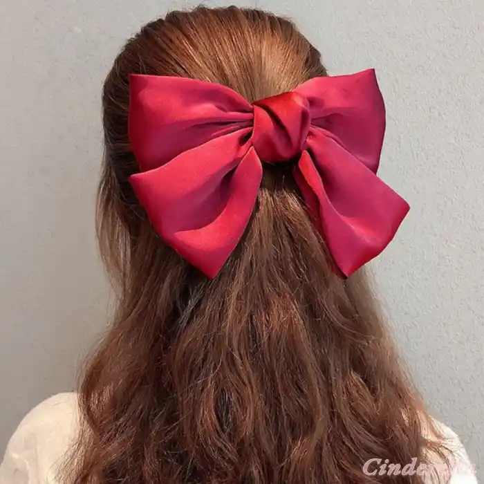 Saten Klasik Model Büyük Fiyonk Otomatik Toka Kırmızı - Zarif Fiyonklu Kurdele Kadın Saç Tokası