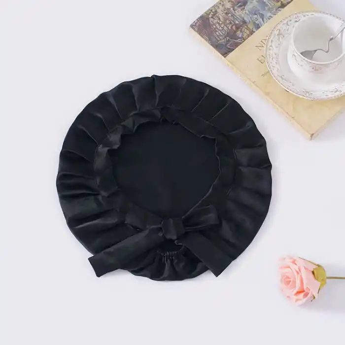 Sertifikalı %100 Saf İpek Saç Bonesi Siyah - Curly Hair Saç Bakım Güzellik Kırışma Uyku Bonesi