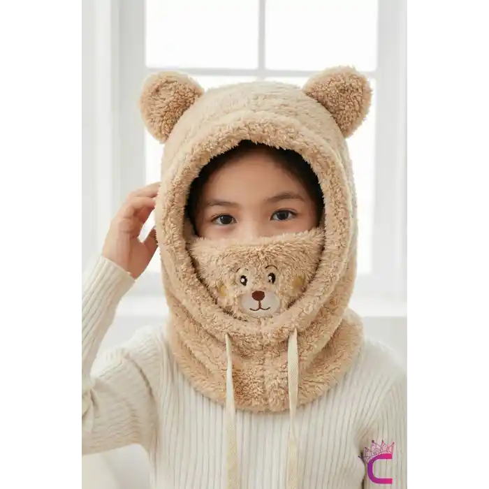 Sevimli Ayıcıklı Yumuşak Peluş Bere Boyunluklu Şapka Atkı Bir Arada Bej 3-12 Yaş Kışlık Hediyelik