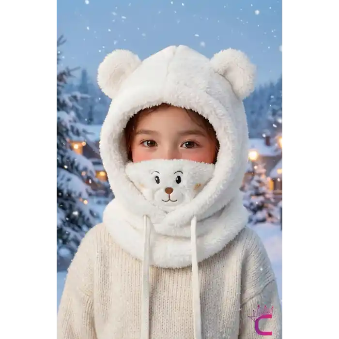 Sevimli Ayıcıklı Yumuşak Peluş Bere Boyunluklu Şapka Atkı Bir Arada Beyaz 3-12 Yaş Kışlık Hediyelik