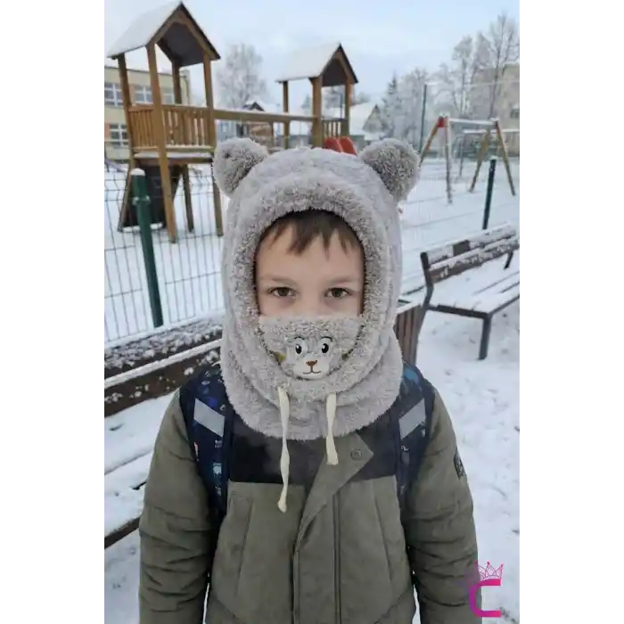 Sevimli Ayıcıklı Yumuşak Peluş Bere Boyunluklu Şapka Atkı Bir Arada Gri 3-12 Yaş Kışlık Hediyelik