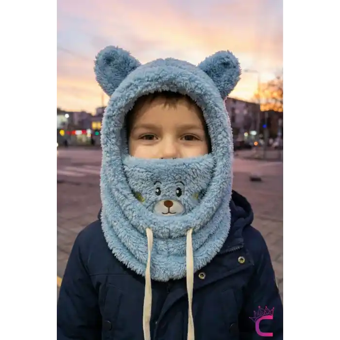 Sevimli Ayıcıklı Yumuşak Peluş Bere Boyunluklu Şapka Atkı Bir Arada Mavi 3-12 Yaş Kışlık Hediyelik