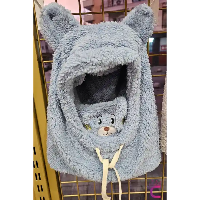 Sevimli Ayıcıklı Yumuşak Peluş Bere Boyunluklu Şapka Atkı Bir Arada Mavi 3-12 Yaş Kışlık Hediyelik