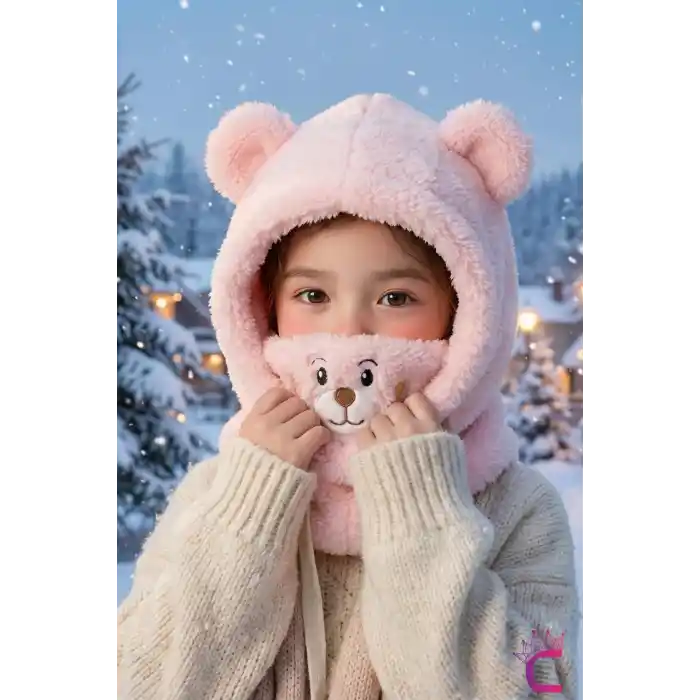 Sevimli Ayıcıklı Yumuşak Peluş Bere Boyunluklu Şapka Atkı Bir Arada Pembe 3-12 Yaş Kışlık Hediyelik
