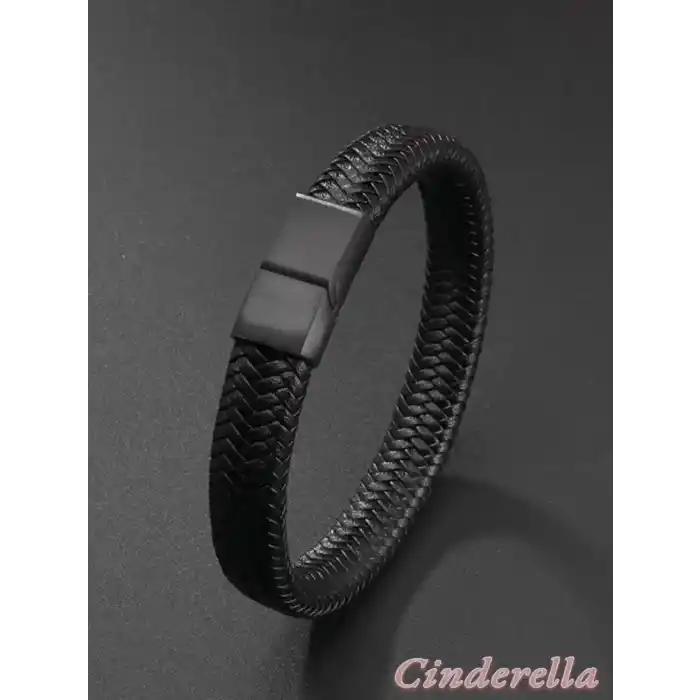 Siyah Hasır Örgü Deri Bileklik Kilitli Model