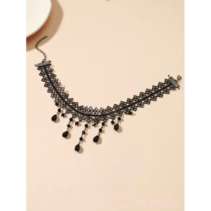 Siyah Kristal Taşlı Çiçekli Dantel Kolye - Chokers Vintage Stil Kadın Gotik Kolye