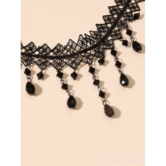 Siyah Kristal Taşlı Çiçekli Dantel Kolye - Chokers Vintage Stil Kadın Gotik Kolye