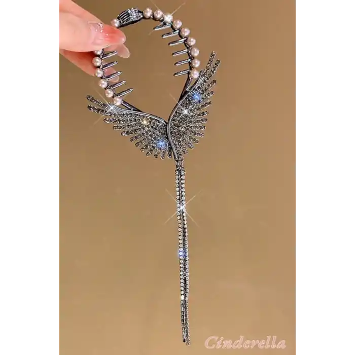 Siyah Sarkıt Kristal Taşlı Topuz Tokası Metal - İnci Detaylı Kadın Yeni Sezon Yaylı Saç Topuz Toka