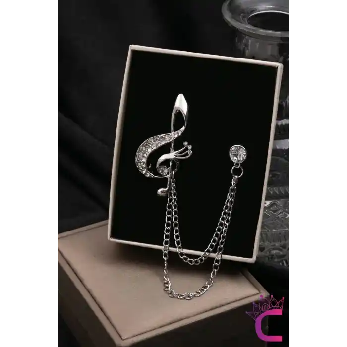 Sol Anahtarı Müzik Notalı Tasarım Zirkon Taşlı Broş - Hediye Öğretmen Broşu Elbise Yaka İğnesi Broş