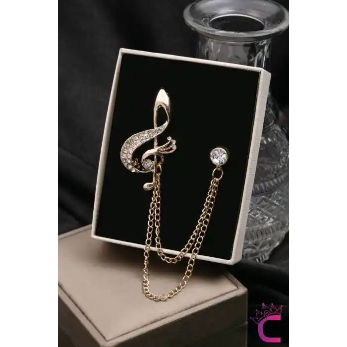 Sol Anahtarı Müzik Notalı Taşlı Zincirli Broş Gold - Hediyelik Öğretmen Ceket Yaka İğnesi Broşu