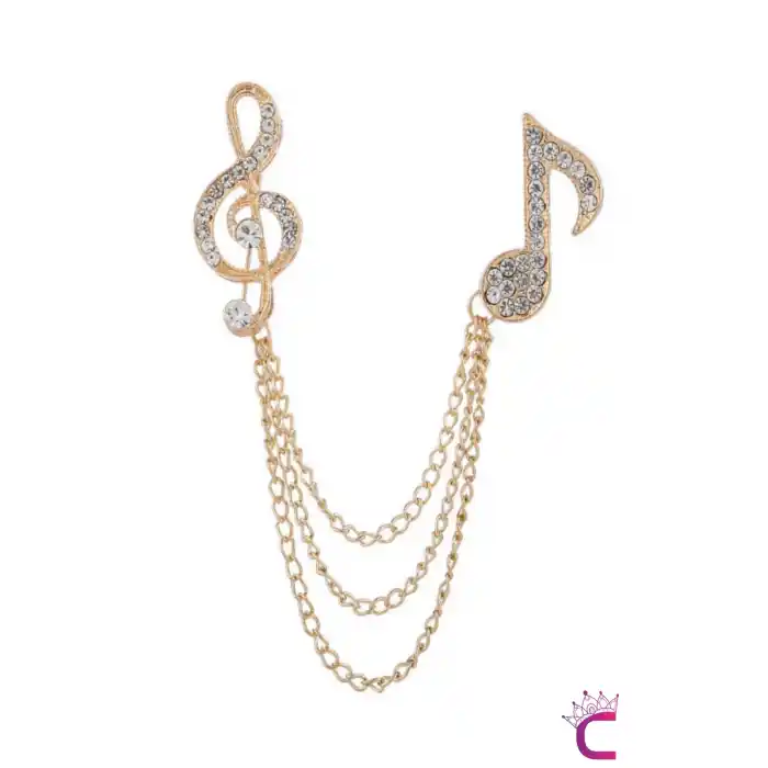 Sol Anahtarı Müzik Notası Zirkon Taşlı Zincirli Broş Gold - Unisex Yaka Zinciri Ceket Kıyafet İğnesi