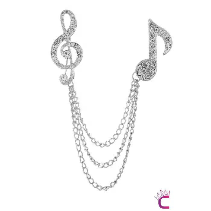 Sol Anahtarı Müzik Notası Zirkon Taşlı Zincirli Broş Gümüş - Damat Yaka Zinciri Ceket Kıyafet İğnesi