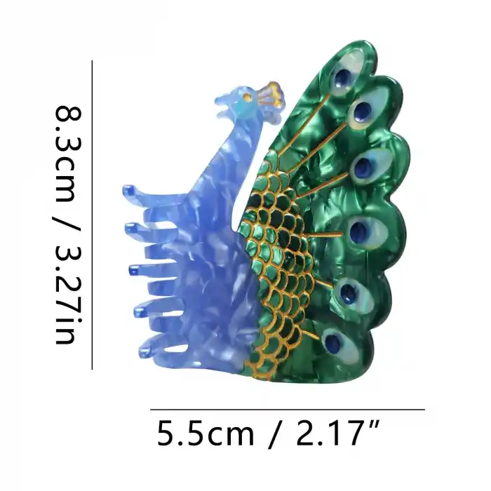 Tavus Kuşu Canlı Renkli Model Lüks Asetat Mandal Toka 8.5cm - Yeni Sezon Kadın Mandallı Saç Tokası