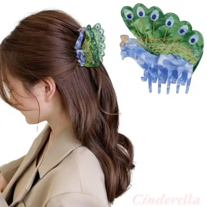 Tavus Kuşu Canlı Renkli Model Lüks Asetat Mandal Toka 8.5cm - Yeni Sezon Kadın Mandallı Saç Tokası