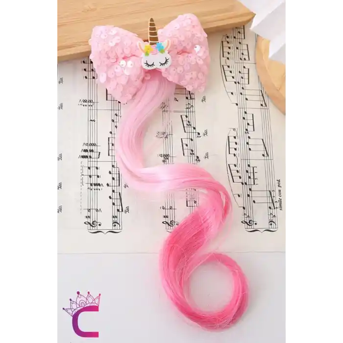 Unicorn Fuşya Pullu Kız Çocuk Saç Postiş Toka - Hediyelik Takma Saç Aksesuar At Kuyruğu Pens Toka