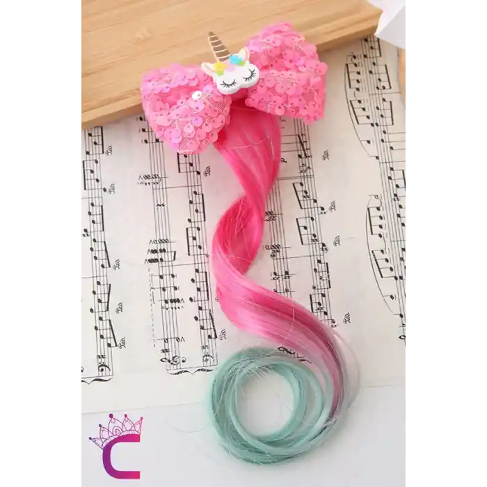Unicorn Fuşya Pullu Kız Çocuk Saç Postiş Toka - Hediyelik Takma Saç Aksesuar At Kuyruğu Pens Toka