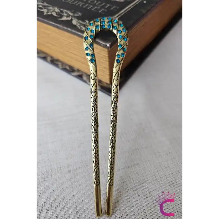 Mavi Taşlı İşlemeli Vintage Gold Metal Topuz Tokası 12.5cm - Kadın Saç Topuz Tokası Çubuk Toka
