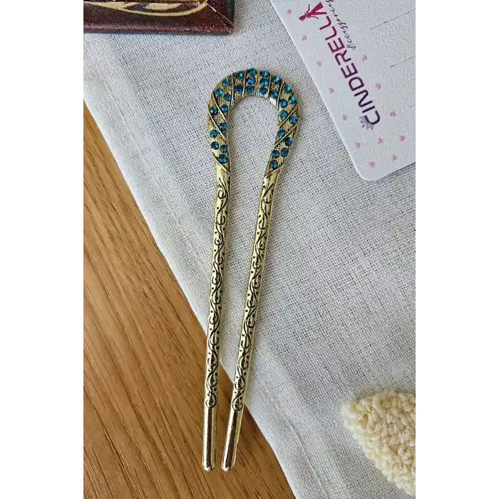 Mavi Taşlı İşlemeli Vintage Gold Metal Topuz Tokası 12.5cm - Kadın Saç Topuz Tokası Çubuk Toka