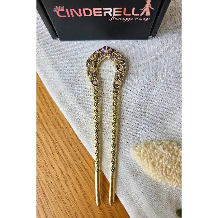 Vintage Çin Tarzı Mor Taşlı İşlemeli Topuz Tokası 12.5cm - Japon Topuz Çubuğu Metal Çubuk Toka