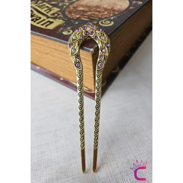 Vintage Çin Tarzı Mor Taşlı İşlemeli Topuz Tokası 12.5cm - Japon Topuz Çubuğu Metal Çubuk Toka