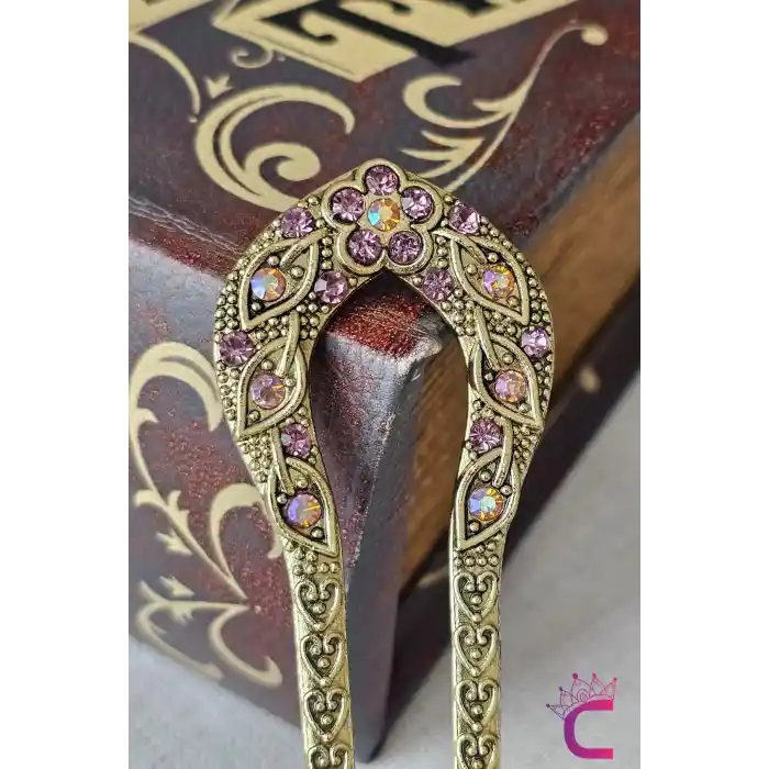 Vintage Çin Tarzı Mor Taşlı İşlemeli Topuz Tokası 12.5cm - Japon Topuz Çubuğu Metal Çubuk Toka