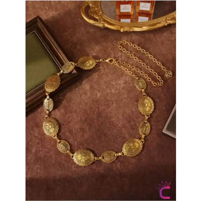 Vintage Geometrik Desenli Antik Gold Bel Zinciri Kolyesi - Ayarlanabilir Pantolon Etek Vücut Kemeri