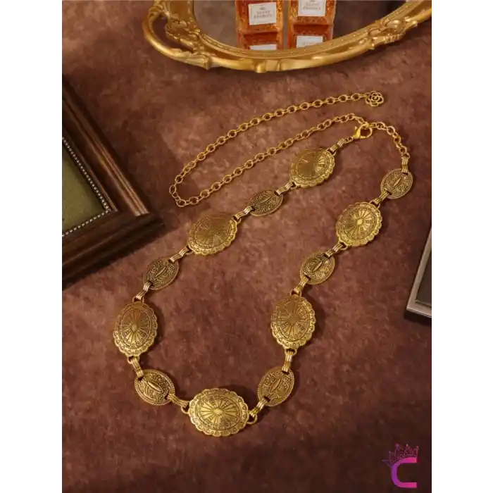 Vintage Geometrik Desenli Antik Gold Bel Zinciri Kolyesi - Ayarlanabilir Pantolon Etek Vücut Kemeri