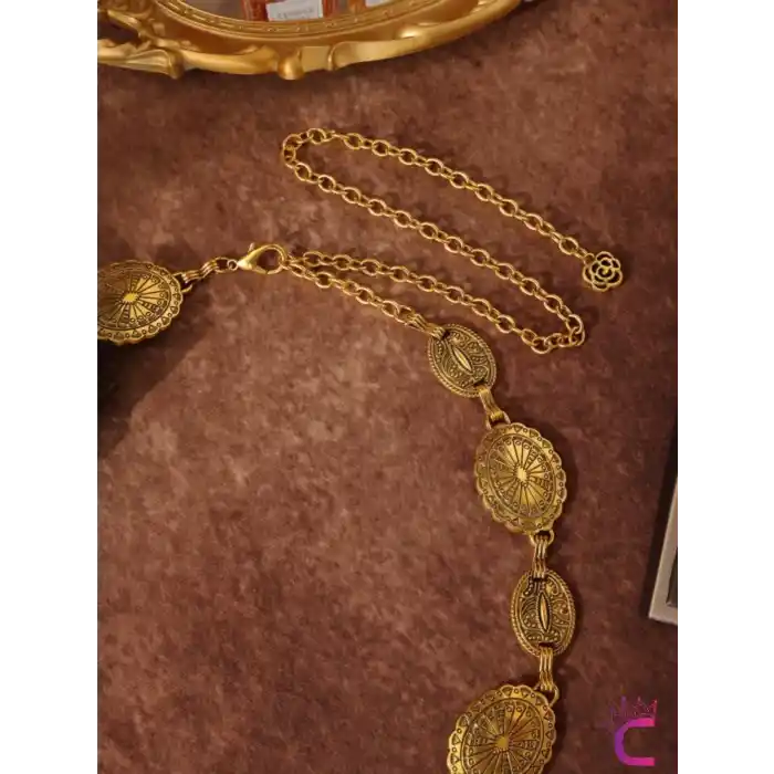 Vintage Geometrik Desenli Antik Gold Bel Zinciri Kolyesi - Ayarlanabilir Pantolon Etek Vücut Kemeri
