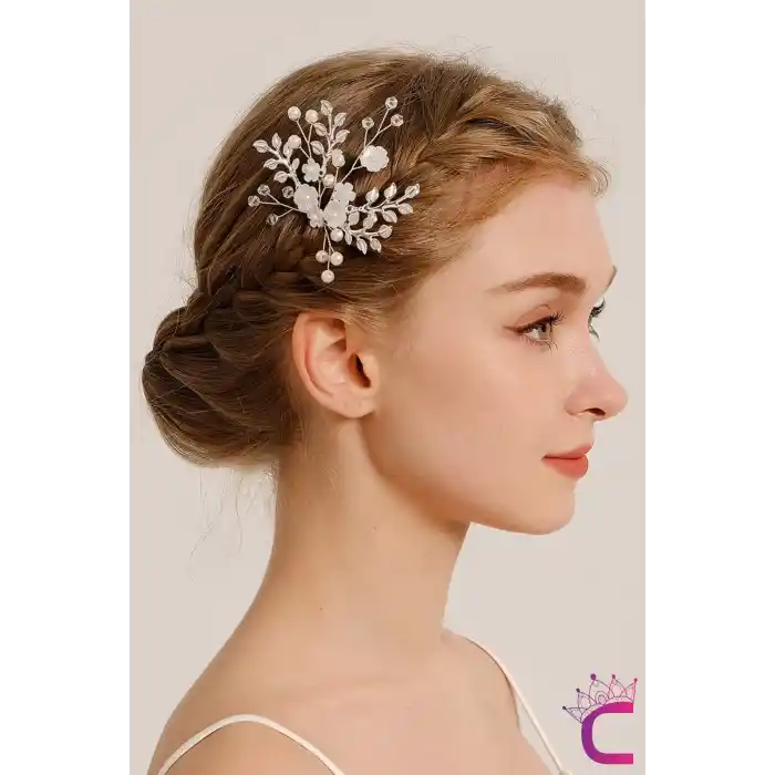Yaprak Dalı Tasarım Çiçekli İncili Kristal Taşlı Gelin Tacı Firkete Toka Gümüş - Düğün Söz Aksesuar