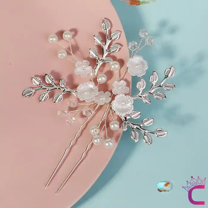 Yaprak Dalı Tasarım Çiçekli İncili Kristal Taşlı Gelin Tacı Firkete Toka Gümüş - Düğün Söz Aksesuar