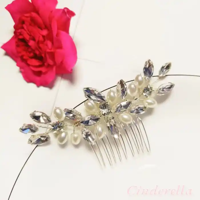 Yaprak Kristal Taşlı Elips İncili Gelin Tacı Gümüş - Düğün Nişan Nikah Kına Söz Taç Saç Aksesuarı