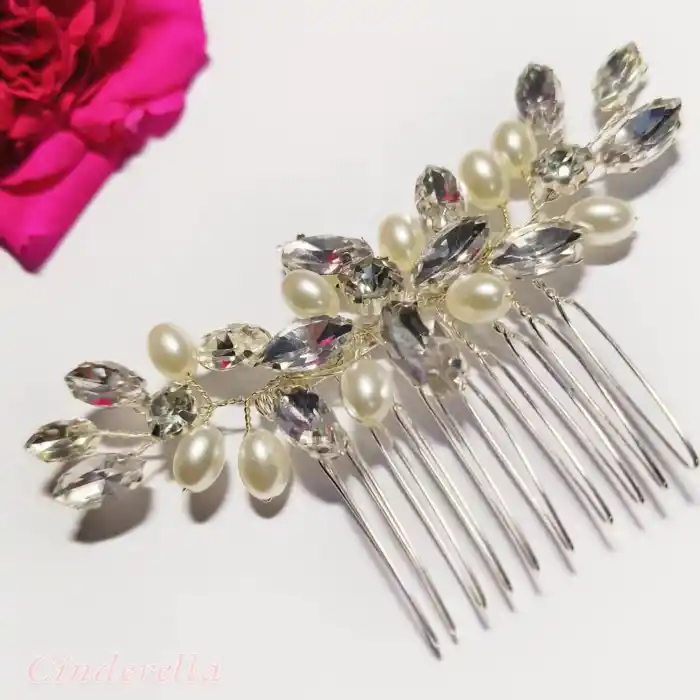 Yaprak Kristal Taşlı Elips İncili Gelin Tacı Gümüş - Düğün Nişan Nikah Kına Söz Taç Saç Aksesuarı