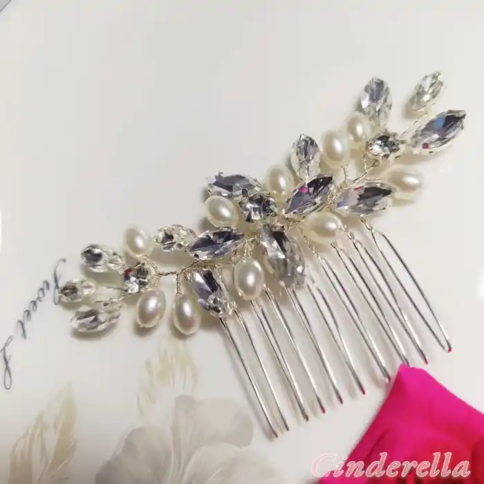 Yaprak Kristal Taşlı Elips İncili Gelin Tacı Gümüş - Düğün Nişan Nikah Kına Söz Taç Saç Aksesuarı