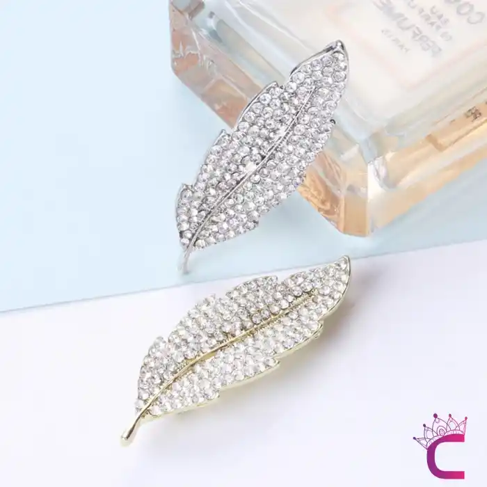 Yaprak Tasarım Kristal Taşlı Kadın Broş Gold - Özel Günler Hediyelik Elbise Ceket Yaka İğnesi Broşu