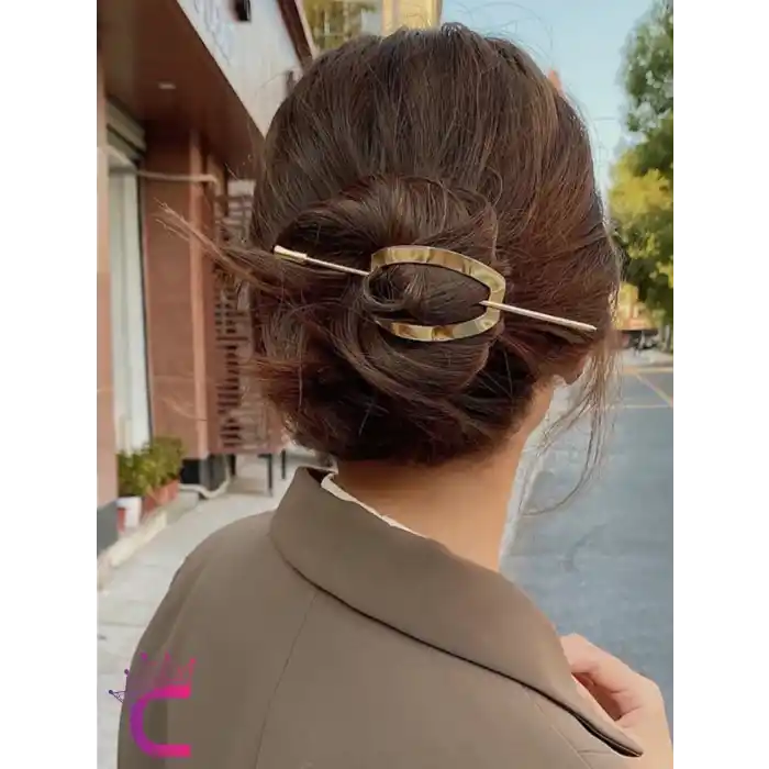 Yarım Ay Tasarım Kalpli Kadın Gold Metal Topuz Tokası - Saç Topuz Toka Çubuk Toka Saç Çubuğu