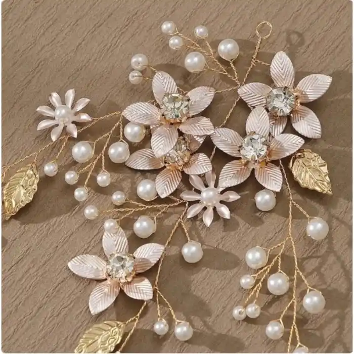 Yeni Moda Çiçekli İnci Kristal Taşlı Yapraklı Gelin Tacı Gold - Nişan Nikah Kına Söz Saç Aksesuarı