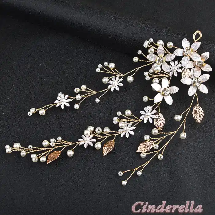 Yeni Moda Çiçekli İnci Kristal Taşlı Yapraklı Gelin Tacı Gold - Nişan Nikah Kına Söz Saç Aksesuarı