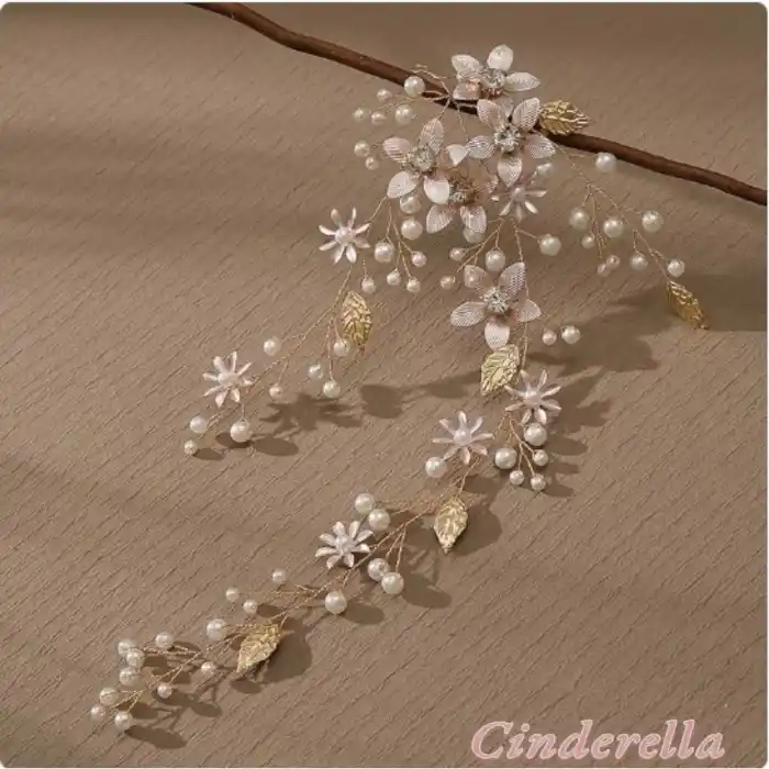 Yeni Moda Çiçekli İnci Kristal Taşlı Yapraklı Gelin Tacı Gold - Nişan Nikah Kına Söz Saç Aksesuarı