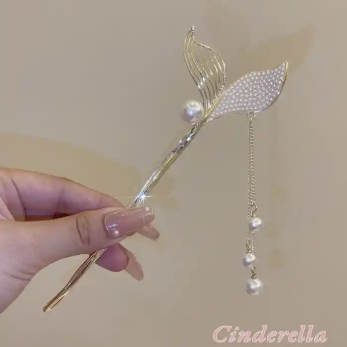 Sallantılı Sarkıt İnci Taşlı Balık Kuyruğu Metal Topuz Tokası Gold - Yeni Trend Çubuk Saç Topuz Toka