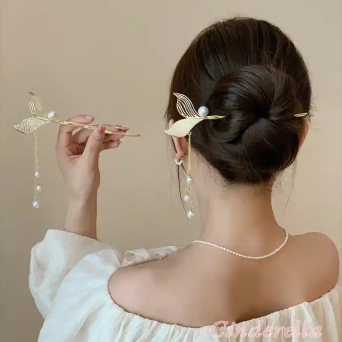 Sallantılı Sarkıt İnci Taşlı Balık Kuyruğu Metal Topuz Tokası Gold - Yeni Trend Çubuk Saç Topuz Toka