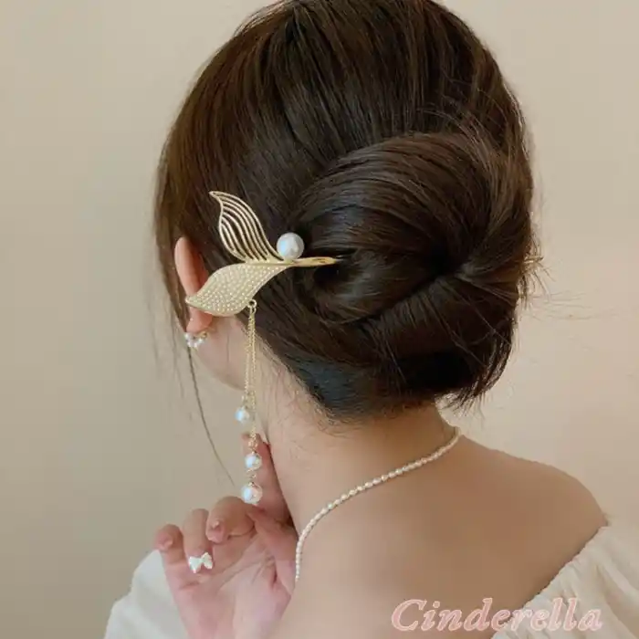 Sallantılı Sarkıt İnci Taşlı Balık Kuyruğu Metal Topuz Tokası Gold - Yeni Trend Çubuk Saç Topuz Toka