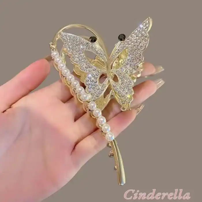 Yeni Model Siyah Göz Detaylı Kelebekli Kadın Metal Mandal Toka Gold - Kristal Taşlı Topuz Saç Tokası